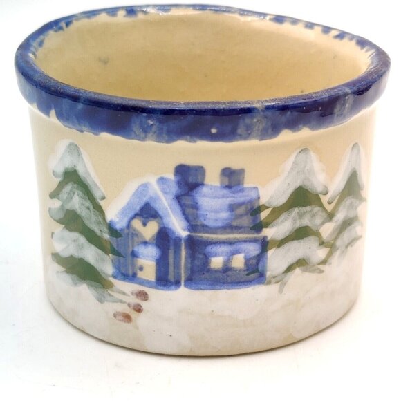 Alpine Pottery Ohio 1995 Blue Snow Cottage Hand Painted Winter Decor Set - Picture 6 of 11